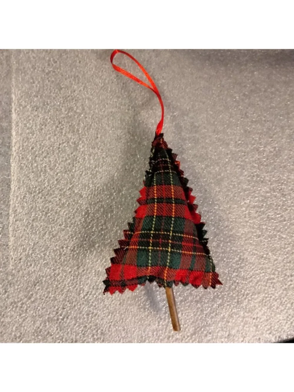Plaid Christmas Tree Red Green Ornament Fabric Ribbon Hanger Cottage Cabin